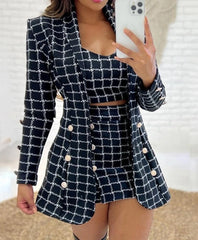 2Pcs Women Outfit 2024 Autumn Fahsion Houndstooth Print Shawl Collar Long Sleeve Blazer Coat & Elegant Shorts Set with Crop Top