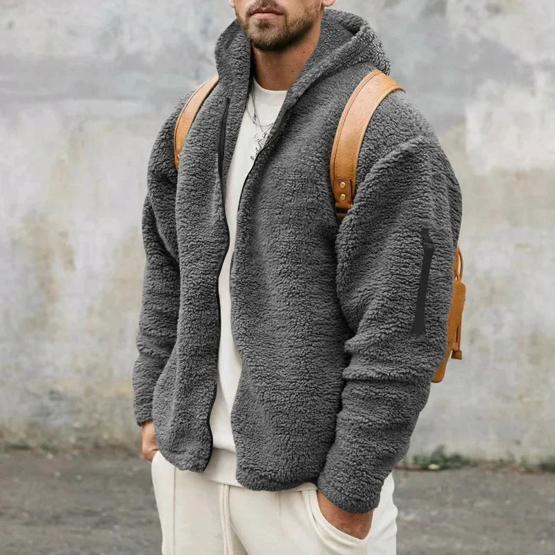 Men’s Fleece Jacket – Hooded, warm, loose fit, casual winter style.