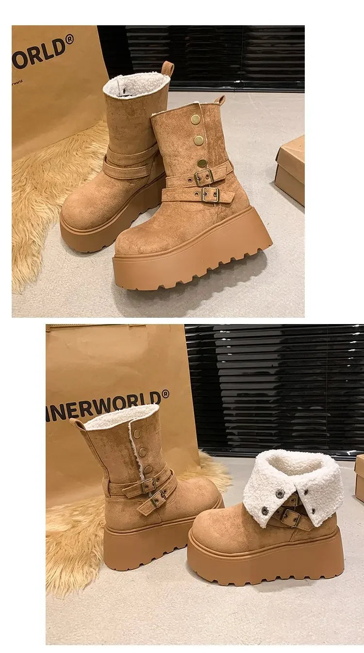 Women’s Winter Boots – Thick sole, ultra high heel, fleece-lined, mid-calf, round toe.