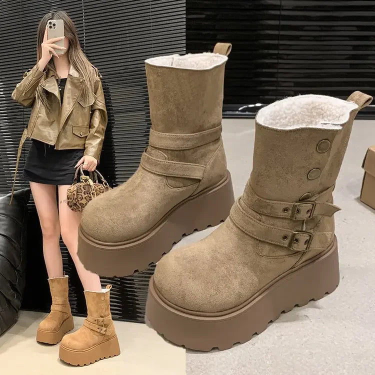 Women’s Winter Boots – Thick sole, ultra high heel, fleece-lined, mid-calf, round toe.