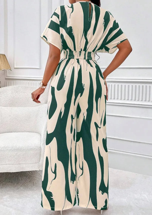 Spring Summer New Printed Short Sleeve For Women's Jumpsuit Fashion Waist Slim Simple Elegant Female Office Jumpsuit Pants