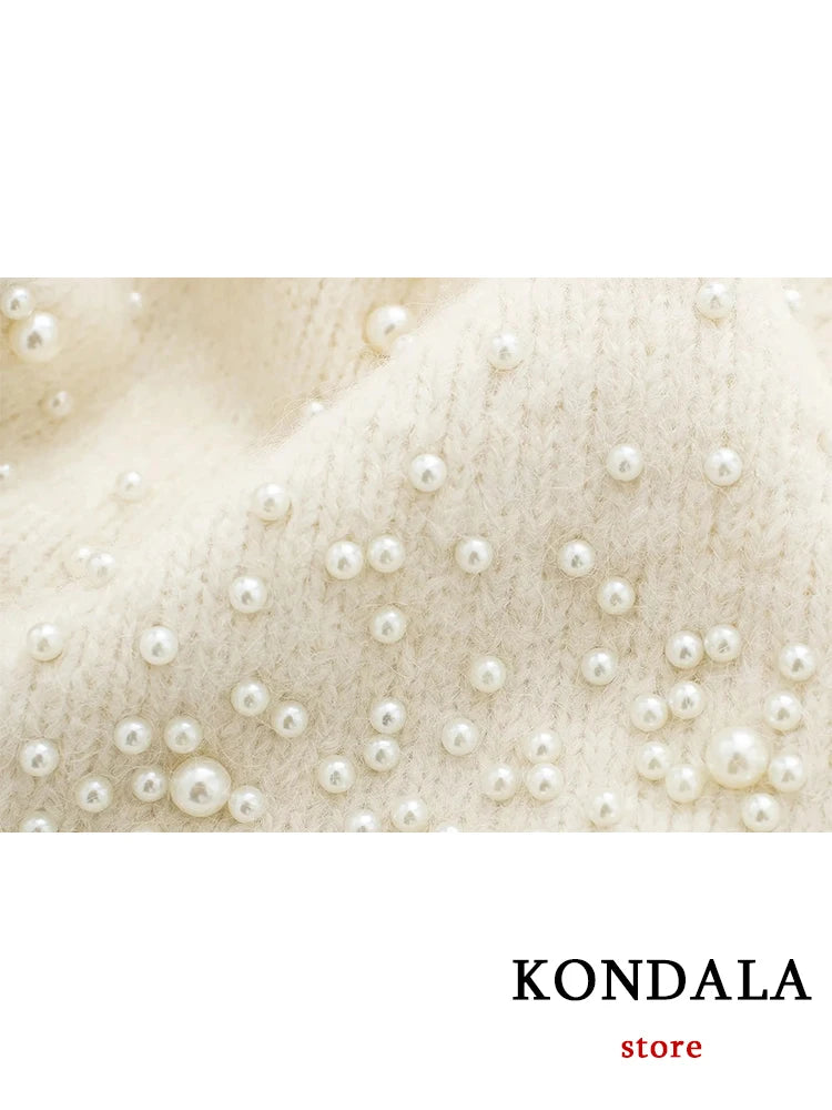 KONDALA Vintage Knitted Pearl Women Suits Long Sleeve O Neck Thick Sweater+High Waist Knit Skirts Fashion 2024 Elegant Women Set