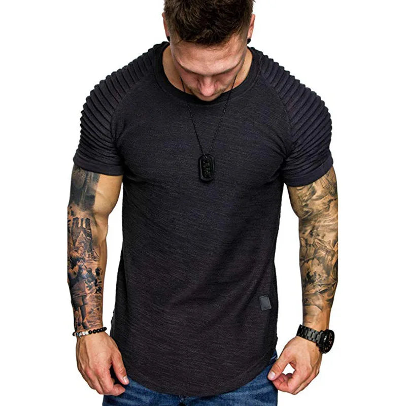 New summer crew-neck slim-fit pleated casual short-sleeved youth fashion base shirt men's sports shoulder sleeve top