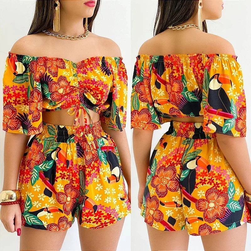 Sexy Off Shoulder Slash Neck T-shirt Shorts Set Office Lady Floral Print Lace Up Short Sleeve Two Piece Set Women Outfit 2023