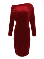 2024 Winter Red Velvet Plus Size Bodycon Dress Women Long Sleeve Large Knee Dresses Ladies Sexy Off Shoulder Evening Party Dress