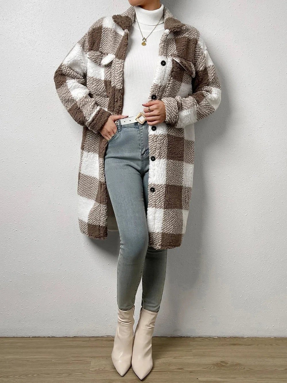 Long Plaid Fleece Coat with Pockets – Autumn & Winter