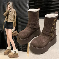 Women’s Winter Boots – Thick sole, ultra high heel, fleece-lined, mid-calf, round toe.