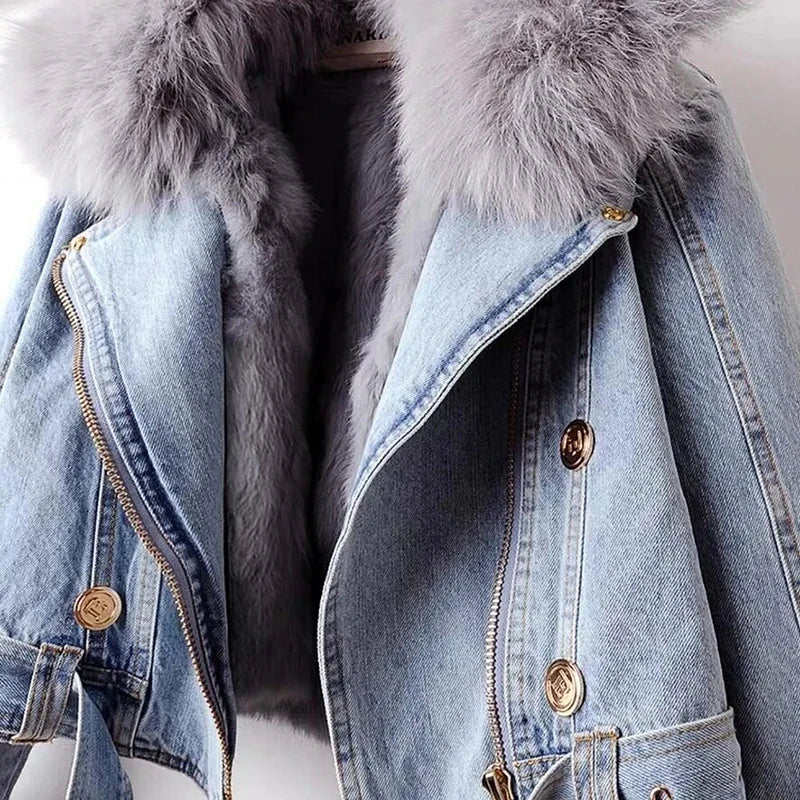 New Winter Denim Jacket Female Short Warm Parkas Rabbit Hair Lining Outwear Fashion Overcoat Women Faux Fox Fur Collar Jean Coat