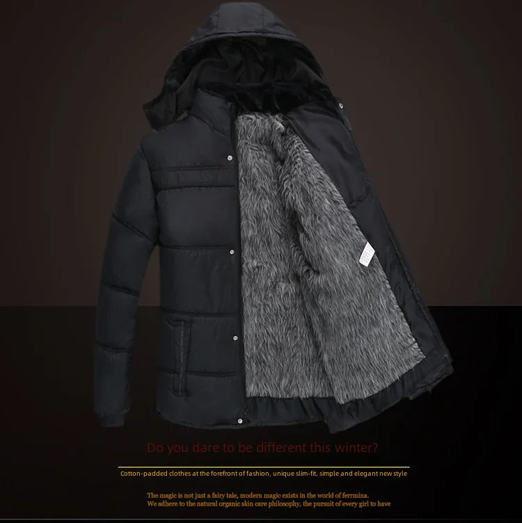 Thickened cotton padded men’s jacket, warm and medium-length.