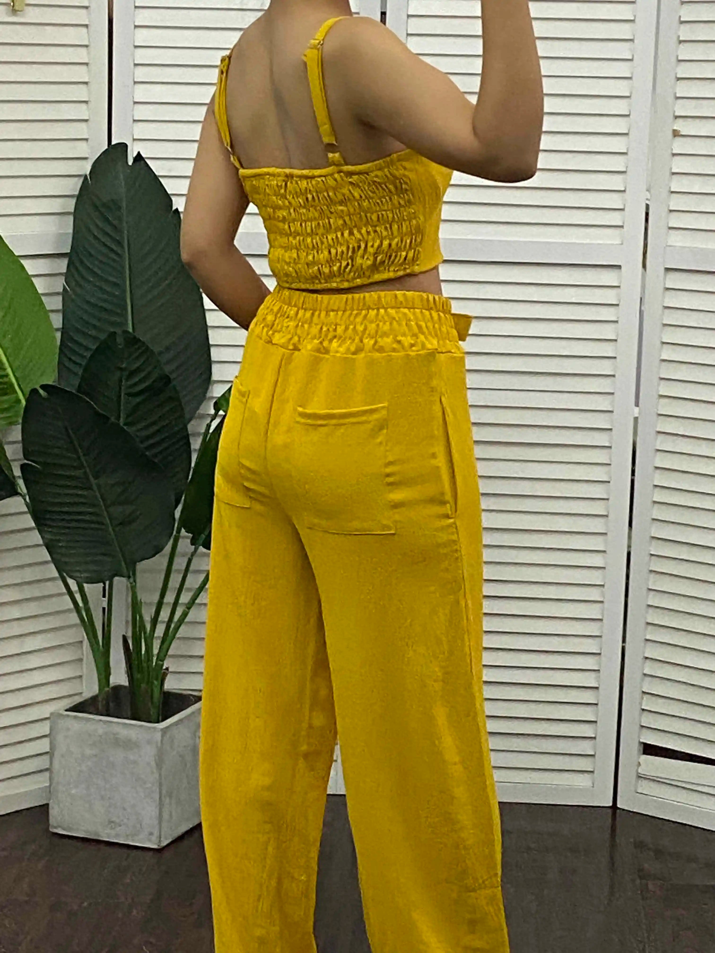 Tow Piceses Outfits for Women 2023 V-Neck Sleeveless Shirred Crop Top & Pocket Design Elegant Work Lady Wide Leg Pants Set