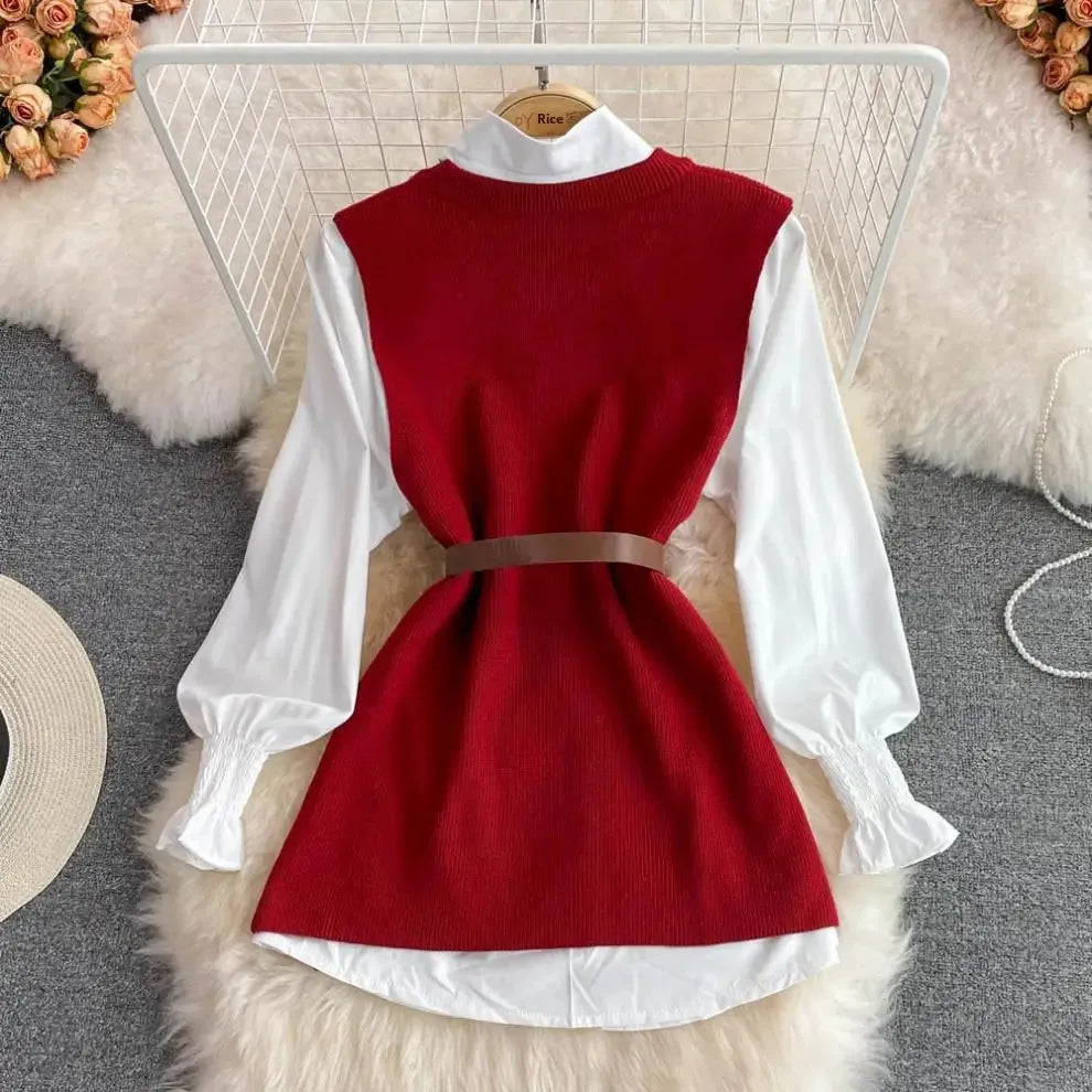 2024 Autumn Long Sleeve White Shirt Sweater Set Chic Age-Reducing Loose Fit Knit Vest Vest 2-Piece Set For Women