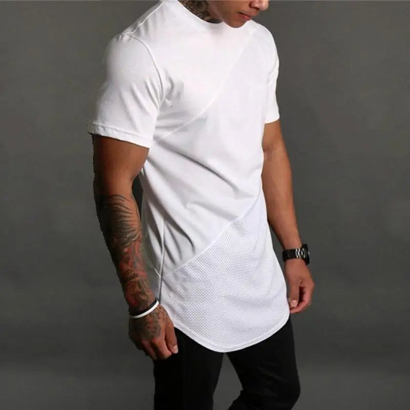 Cotton Patchwork Mesh Breathable Sport Shirt Mens Running Short Sleeve Training T-shirt Gym Fitness Bodybuilding Muscle Clothing