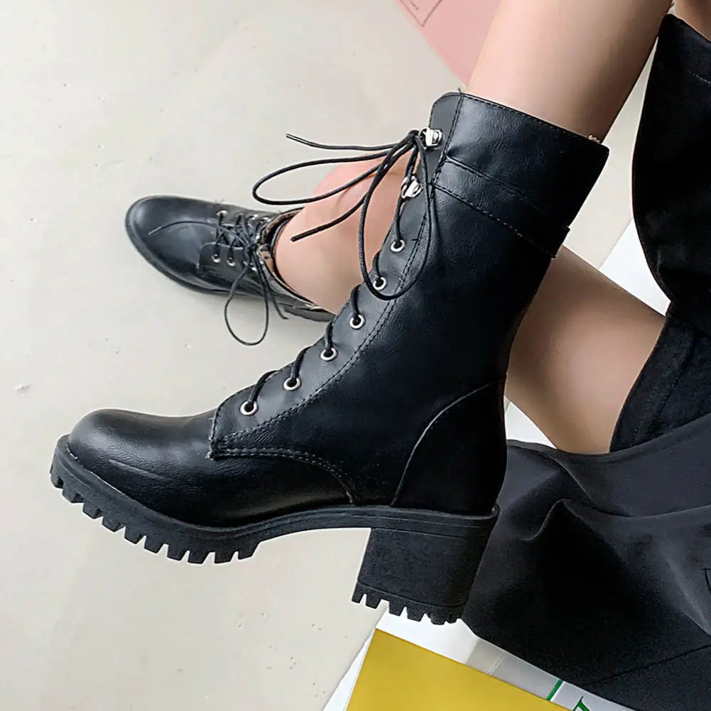 HUAJUANER 2023 Big Size 45 Autumn Winter Shoes High Quality Leather Boots Women Fashion non-slip Shoelaces Motorcycles Boots