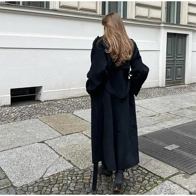 Fashion With Belt Black Woolen Long Coat For Women Oversize Loose Double Button Lapel Overcoat Autumn Lady High Street Outerwear