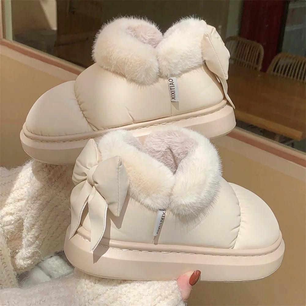 Women's Snow Boots Winter Warm Thick Ankle Boots Outdoor Anti Slip Furry Bow Cotton Shoes Comfortable Waterproof Plush Boots