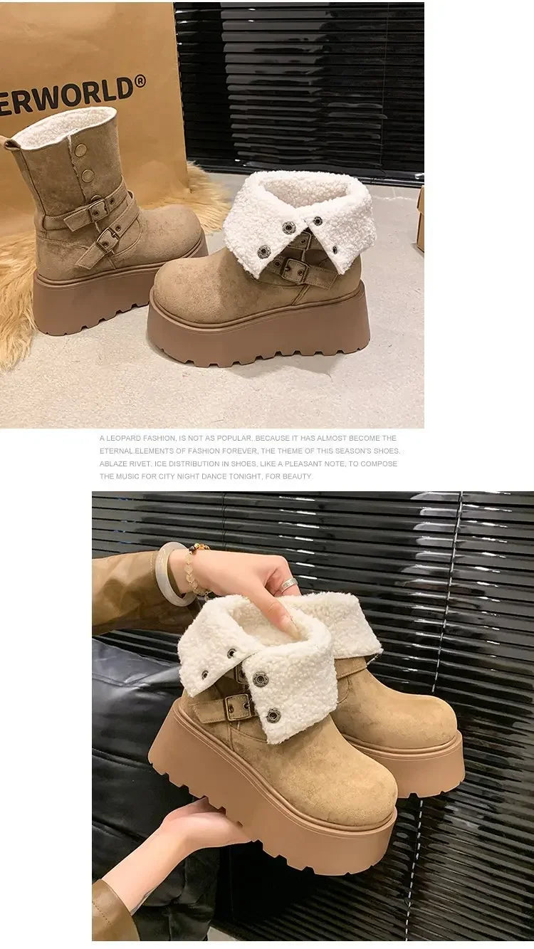 Women’s Winter Boots – Thick sole, ultra high heel, fleece-lined, mid-calf, round toe.