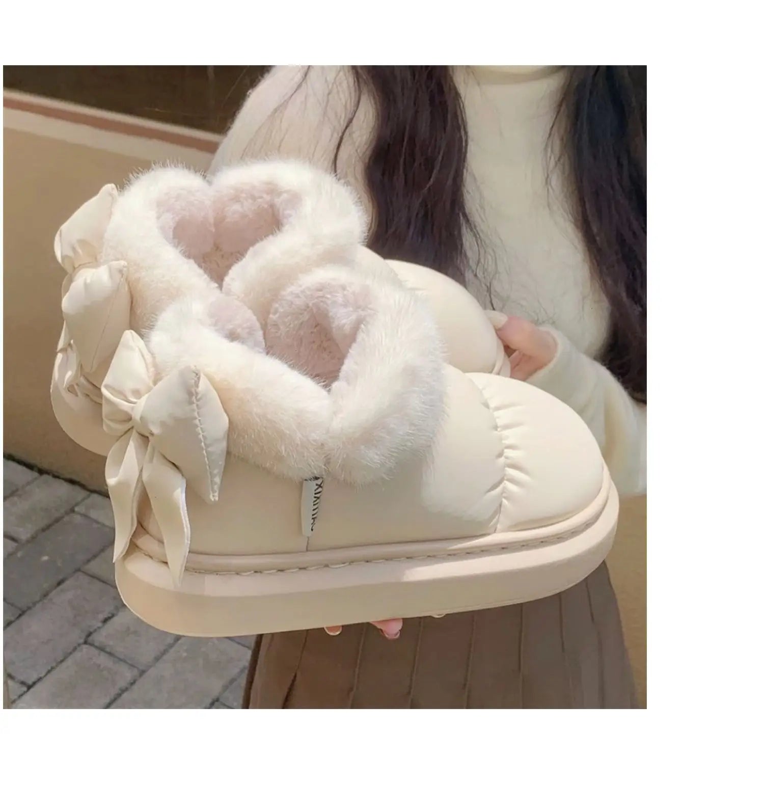 Women's Snow Boots Winter Warm Thick Ankle Boots Outdoor Anti Slip Furry Bow Cotton Shoes Comfortable Waterproof Plush Boots