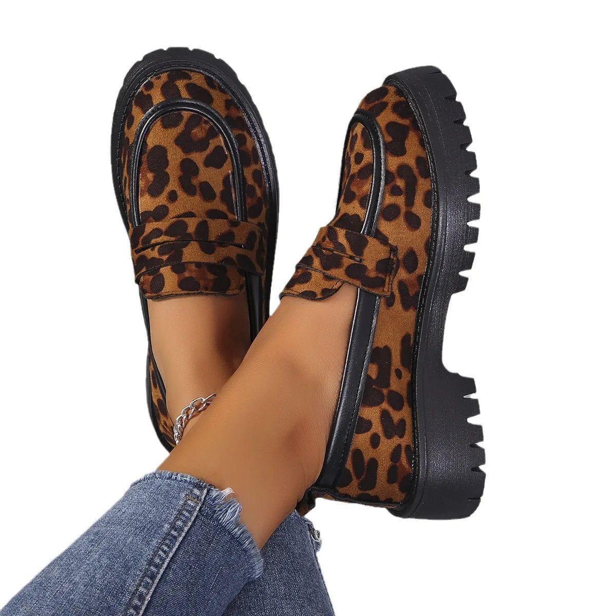 Women's Fashion Leopard Patchwork Slip-on Loafers Chunky Heel Platform Flats 2024 New Moccasins Casual Shoes Plus Size Zapatos