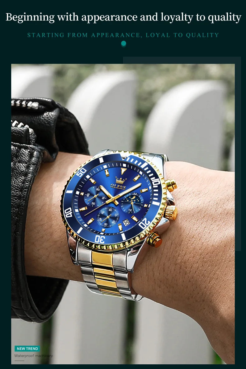 OLEVS Men's Watches Top Brand Luxury Watch for Men Original Waterproof Stainless Steel Chronograph Moon Phase Date Rota Dial
