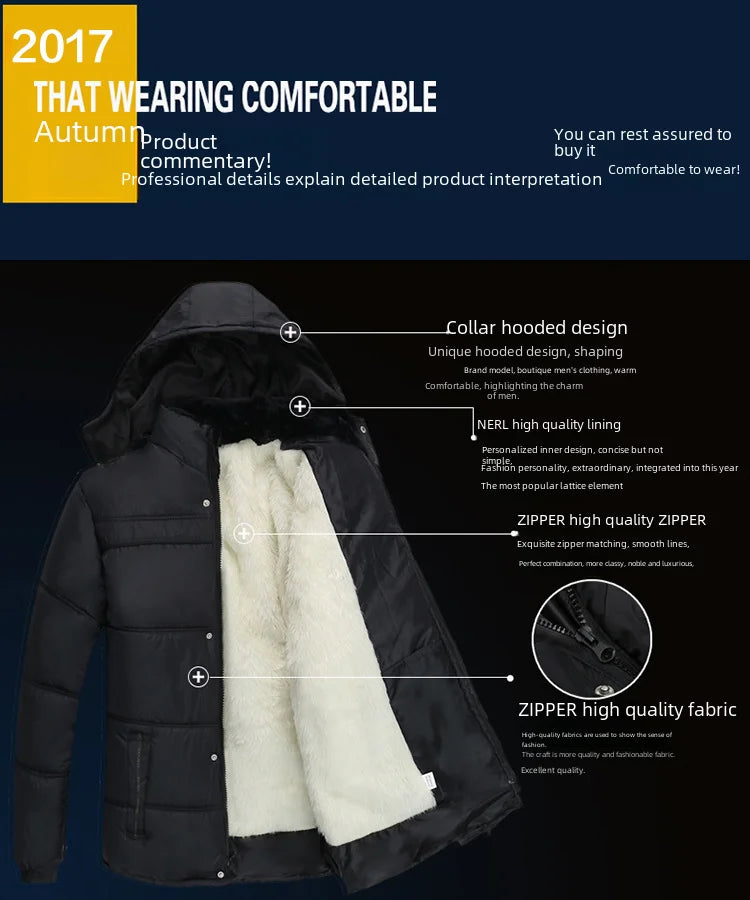 Thickened cotton padded men’s jacket, warm and medium-length.