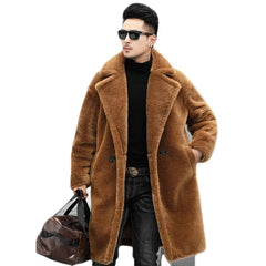 Men’s Winter Leather Coat – Warm, long, fur-lined.