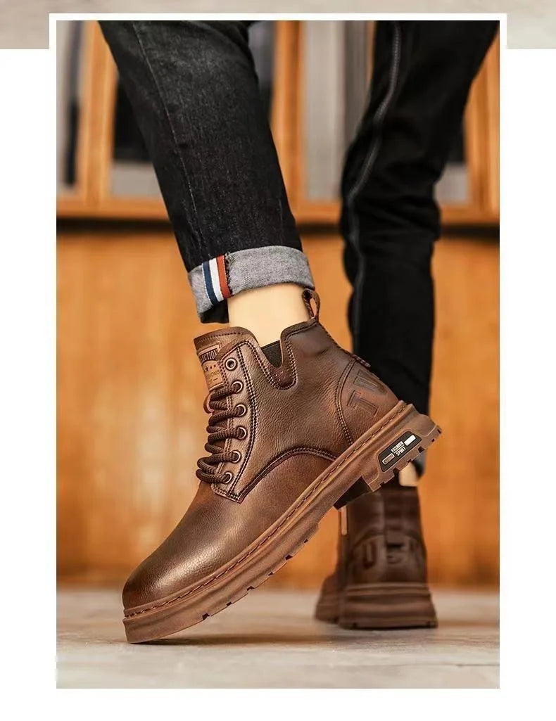 Luxury Men Ankle Boots Retro British High-top Men Boots Fashion High Quality Leather Shoes 2024 New Outdoor Men Motorcycle Boots