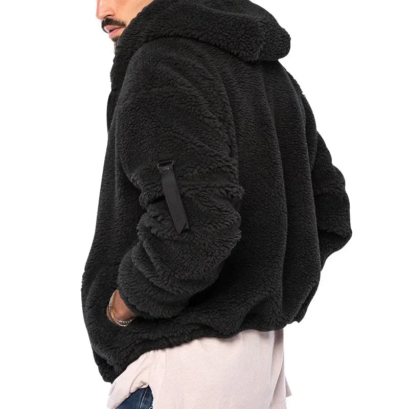Men’s Fleece Jacket – Hooded, warm, loose fit, casual winter style.
