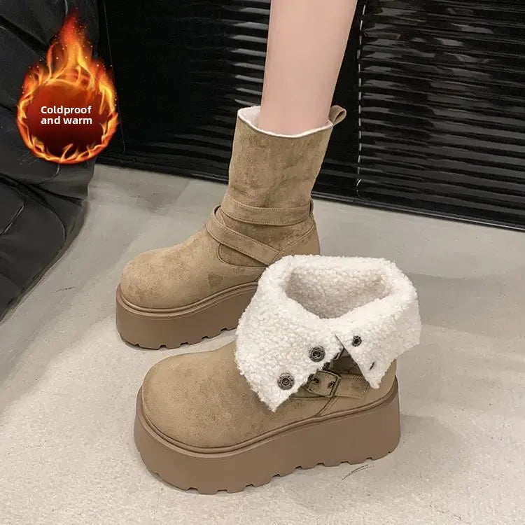 Women’s Winter Boots – Thick sole, ultra high heel, fleece-lined, mid-calf, round toe.