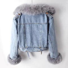 New Winter Denim Jacket Female Short Warm Parkas Rabbit Hair Lining Outwear Fashion Overcoat Women Faux Fox Fur Collar Jean Coat