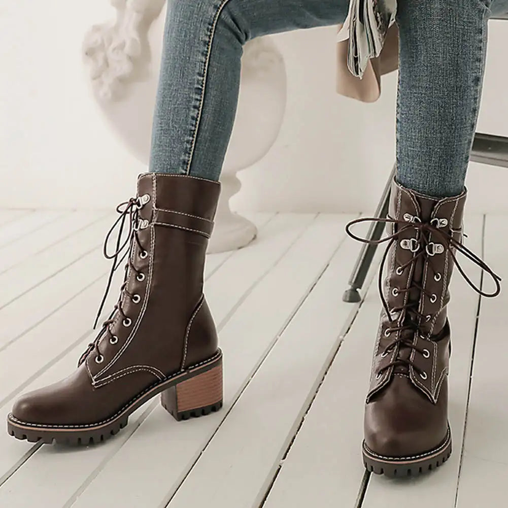 HUAJUANER 2023 Big Size 45 Autumn Winter Shoes High Quality Leather Boots Women Fashion non-slip Shoelaces Motorcycles Boots