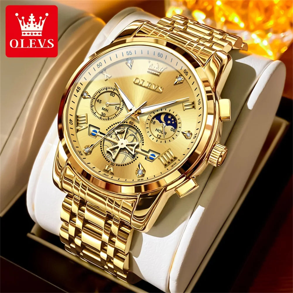 OLEVS 2856 Original Quartz Dress Watch For Men Moon Phase Stainless Steel Business Wristwatch Waterproof Luminous Man Watches