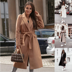 Fashionable women’s wool coat with long sleeves and a belted wrap design. Elegant and versatile — perfect for spring and autumn.