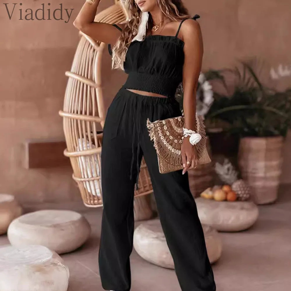 Casual 2-Piece Set – Camisole & High-Waist Pants