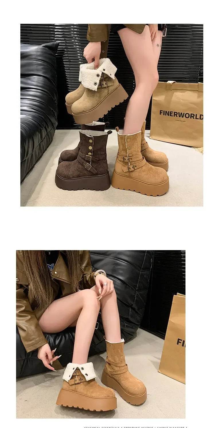 Women’s Winter Boots – Thick sole, ultra high heel, fleece-lined, mid-calf, round toe.