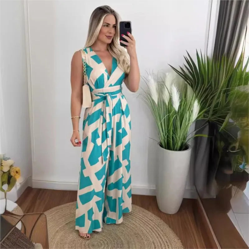 Women's fashionable and minimalist style women's deep V-waist tied jumpsuit -88209 sleeveless mid waist straight leg pants 2024