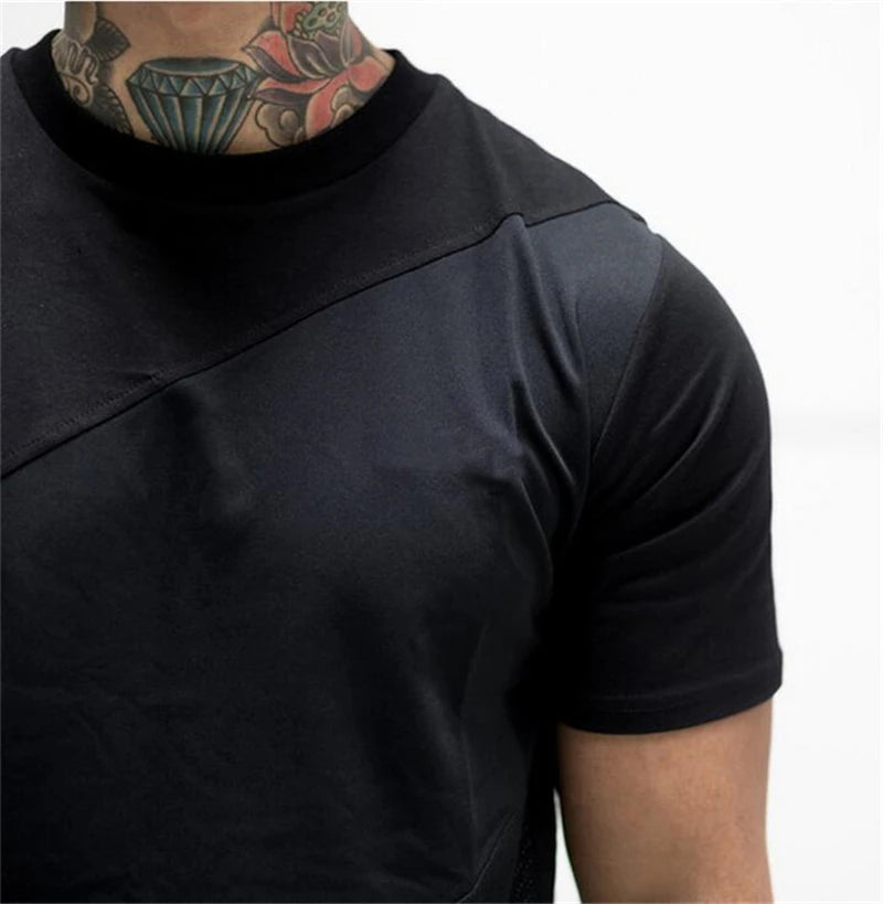 Cotton Patchwork Mesh Breathable Sport Shirt Mens Running Short Sleeve Training T-shirt Gym Fitness Bodybuilding Muscle Clothing