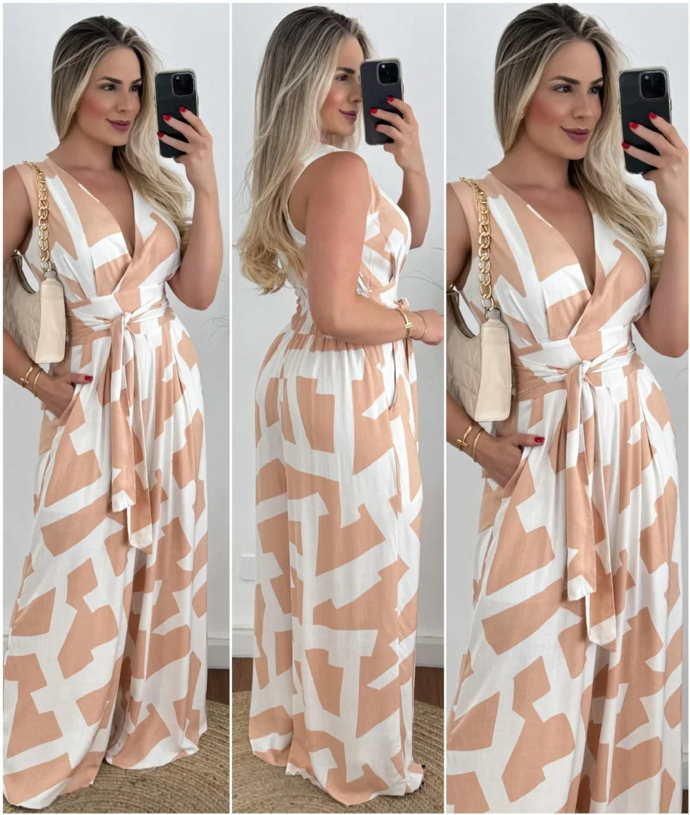 Women's fashionable and minimalist style women's deep V-waist tied jumpsuit -88209 sleeveless mid waist straight leg pants 2024