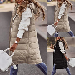 Sleeveless Winter Jacket Women Midi Coats Down Vest Keep Warm Elegant Black Hooded Street Hipster Lady Cotton Overcoat