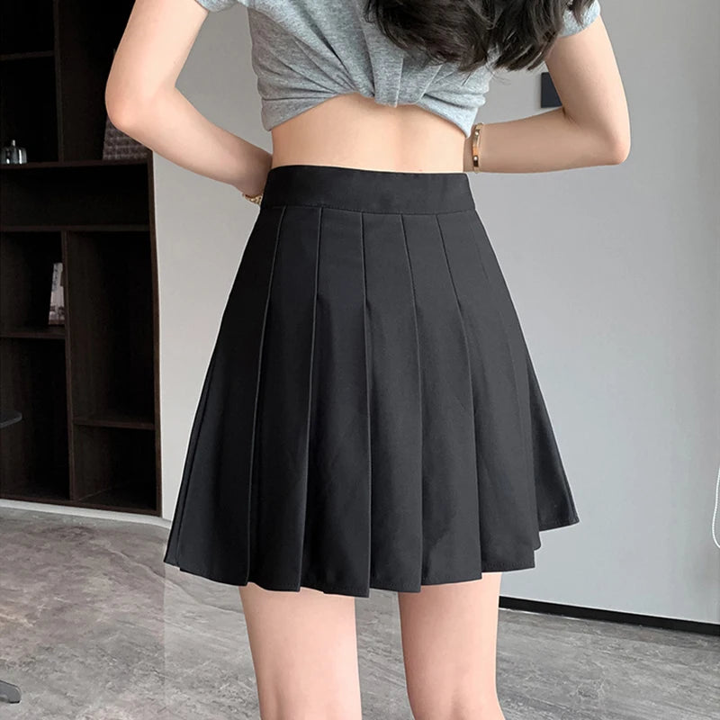 Rimocy Korean Elastic High Waist Pleated Skirt Woman Black Gray Short A-Line Skirts for Women 2023 Summer Jk Uniform Mini Skirt