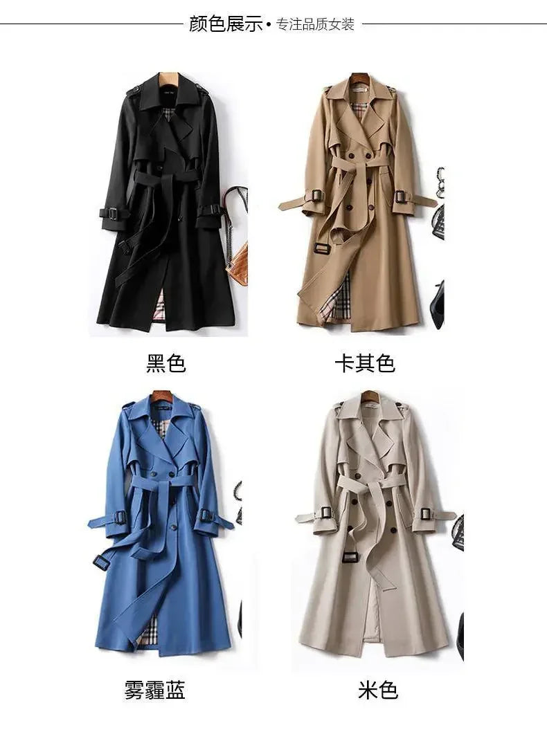 2024 Autumn Elegant Long Women Trench Lace Up Waist Casual Solid V Neck Overcoat Plus Size Long Sleeve Windbreaker Female Trench