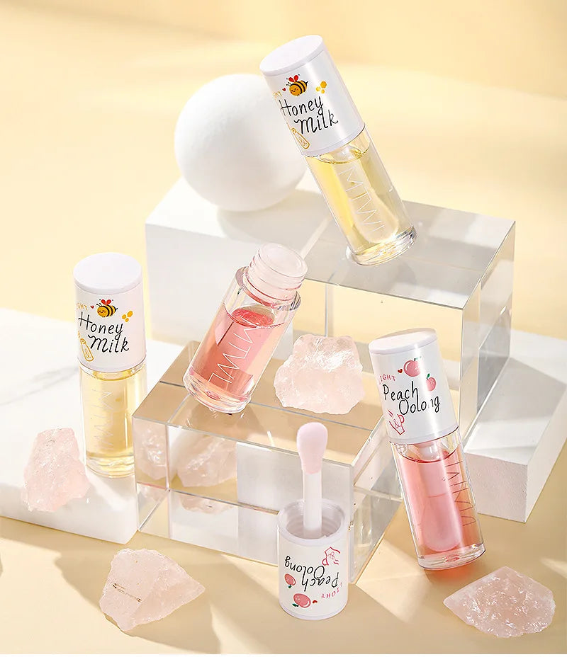 Peach Milk Honey Lip Oil Relieves Dry Moisturizing Lip Gloss Fades Lip Lines Water Light Lips Big Brush Head Cute