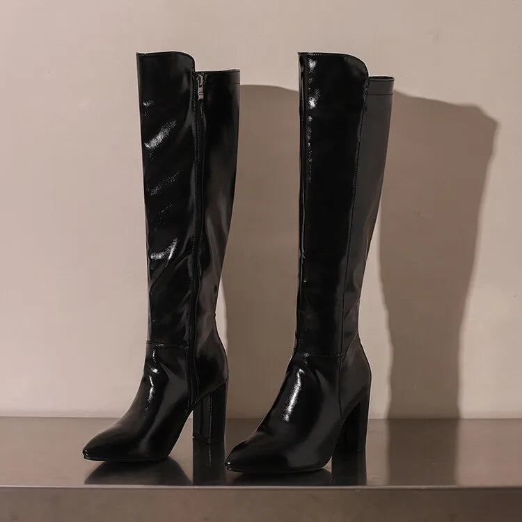 Sexy Women Knee High Boots Pointy Toe Chunky Heels 9CM Boot Large Size 44 45 46 With Zipper Winter Outdoors Leather Female Shoes