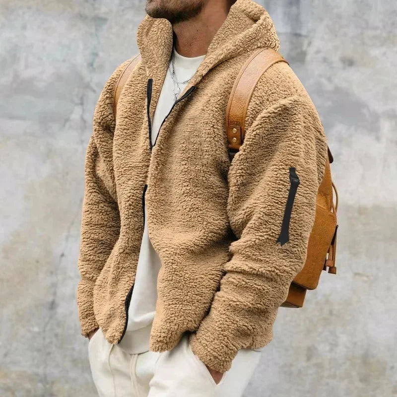 Men’s Fleece Jacket – Hooded, warm, loose fit, casual winter style.