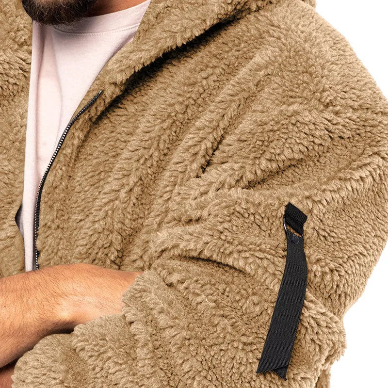 Men’s Fleece Jacket – Hooded, warm, loose fit, casual winter style.
