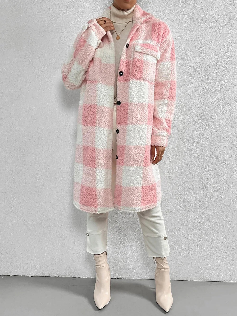 Long Plaid Fleece Coat with Pockets – Autumn & Winter
