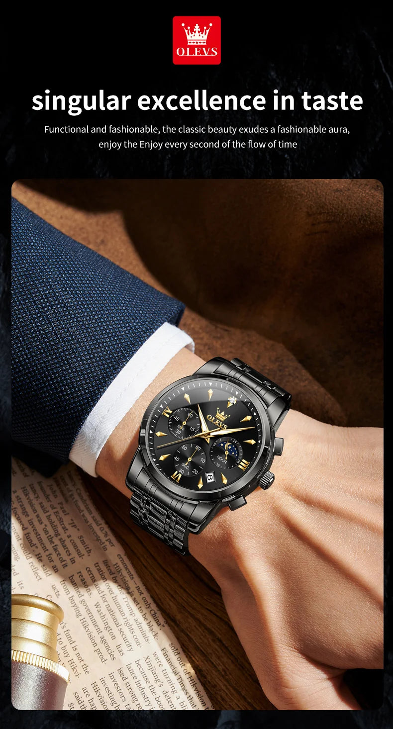 OLEVS 3639 Moon Phase Quartz Watch For Men Fashion Chronograph Luxury Wristwatch Waterproof Luminous Date Business Man Watches