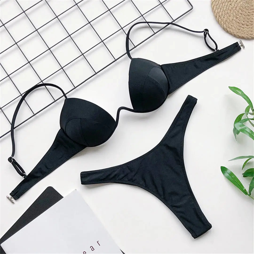 Sexy V-Bra Bikini — Underwired Push-Up, Hard Cup, Two-Piece Backless Set.