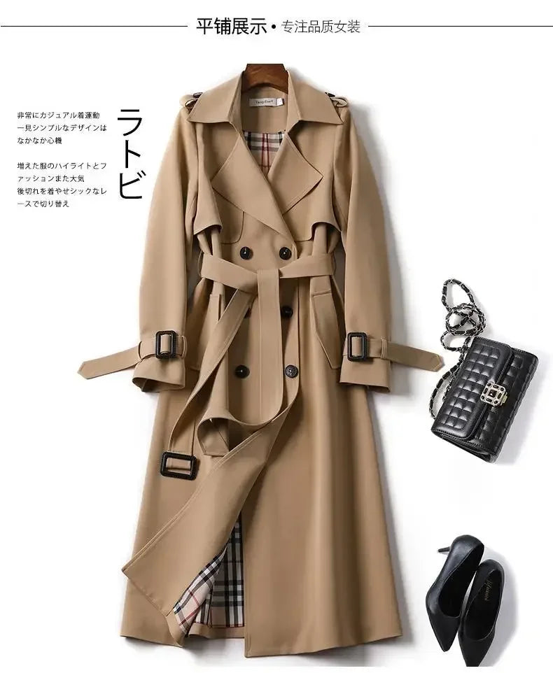 2024 Autumn Elegant Long Women Trench Lace Up Waist Casual Solid V Neck Overcoat Plus Size Long Sleeve Windbreaker Female Trench