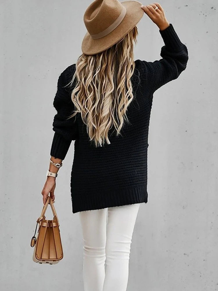 Loose Black Knit Sweater with High Neck – Autumn & Winter