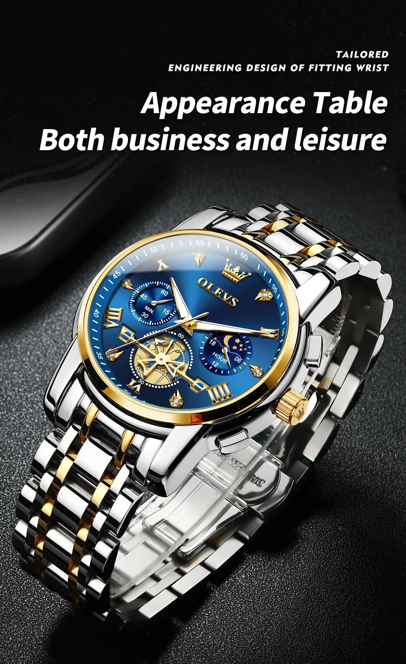 OLEVS 2856 Original Quartz Dress Watch For Men Moon Phase Stainless Steel Business Wristwatch Waterproof Luminous Man Watches